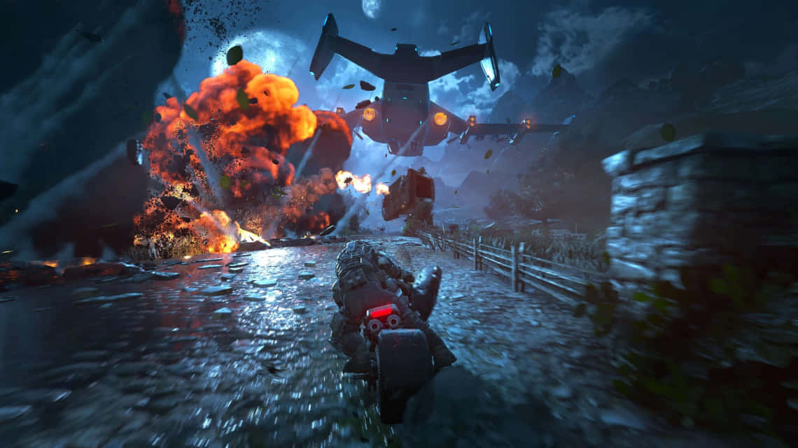A Screenshot Of A Video Game With A Motorcycle And Fire Background