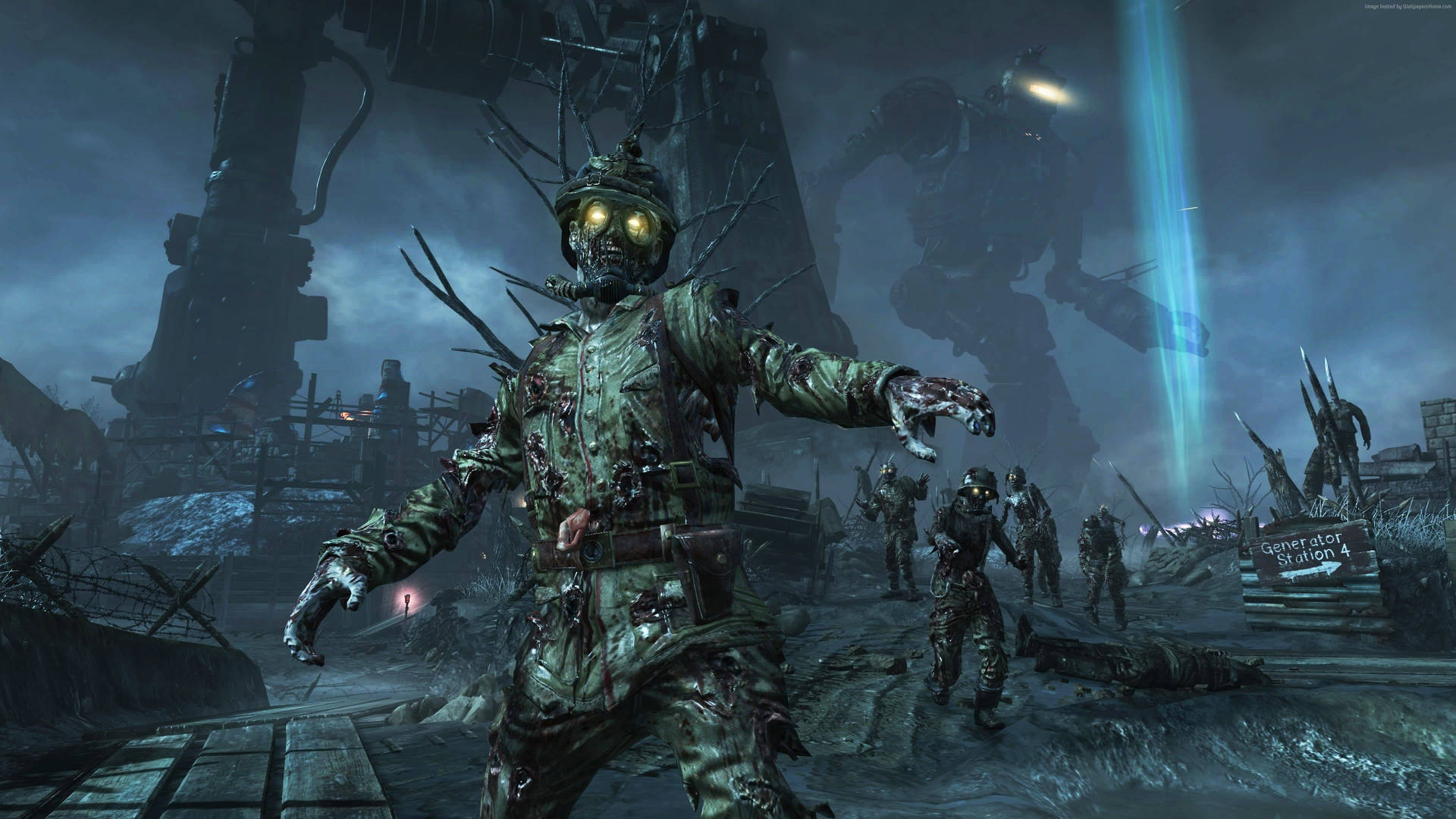 A Screenshot Of A Zombie In A City With Robots Background