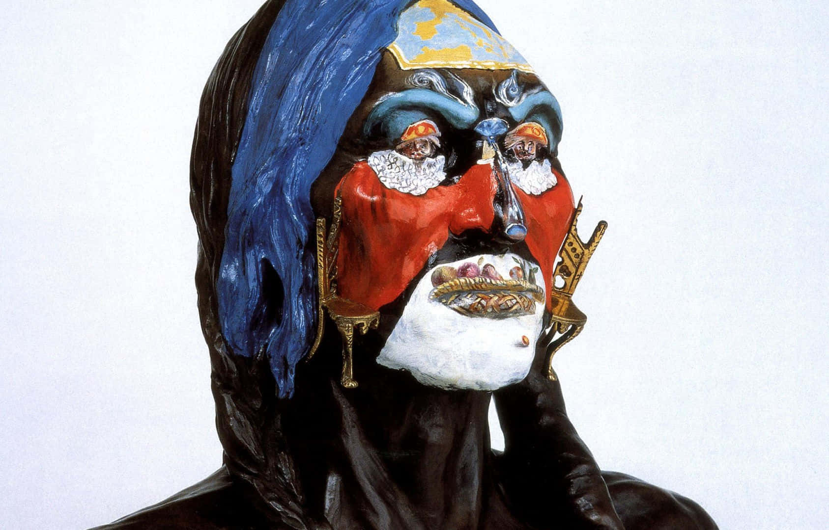 A Sculpture Of A Man With A Blue And Red Face Background