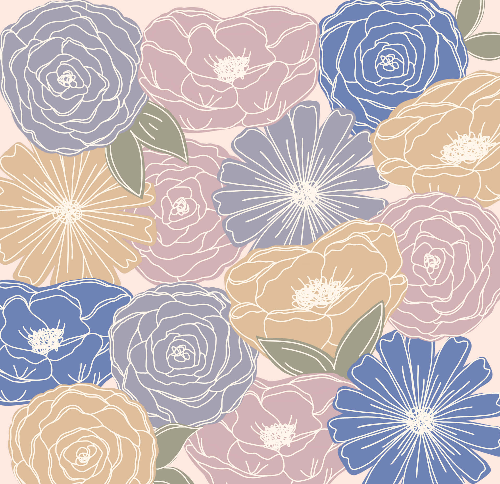 A Seamless Pattern Of Flowers In Blue, Pink And Yellow Background