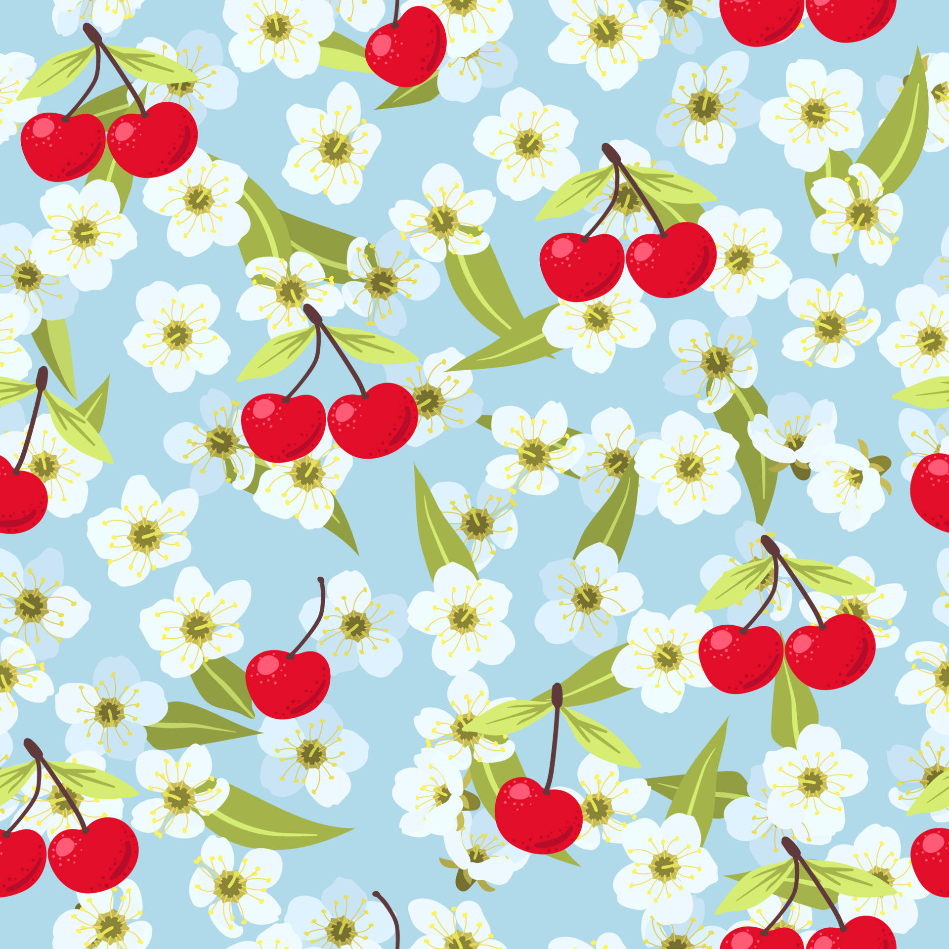 A Seamless Pattern With Cherries And Flowers Background