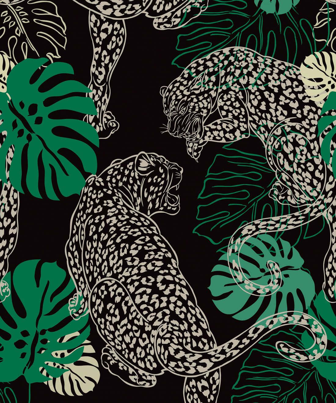 A Seamless Pattern With Leopards And Tropical Leaves Background