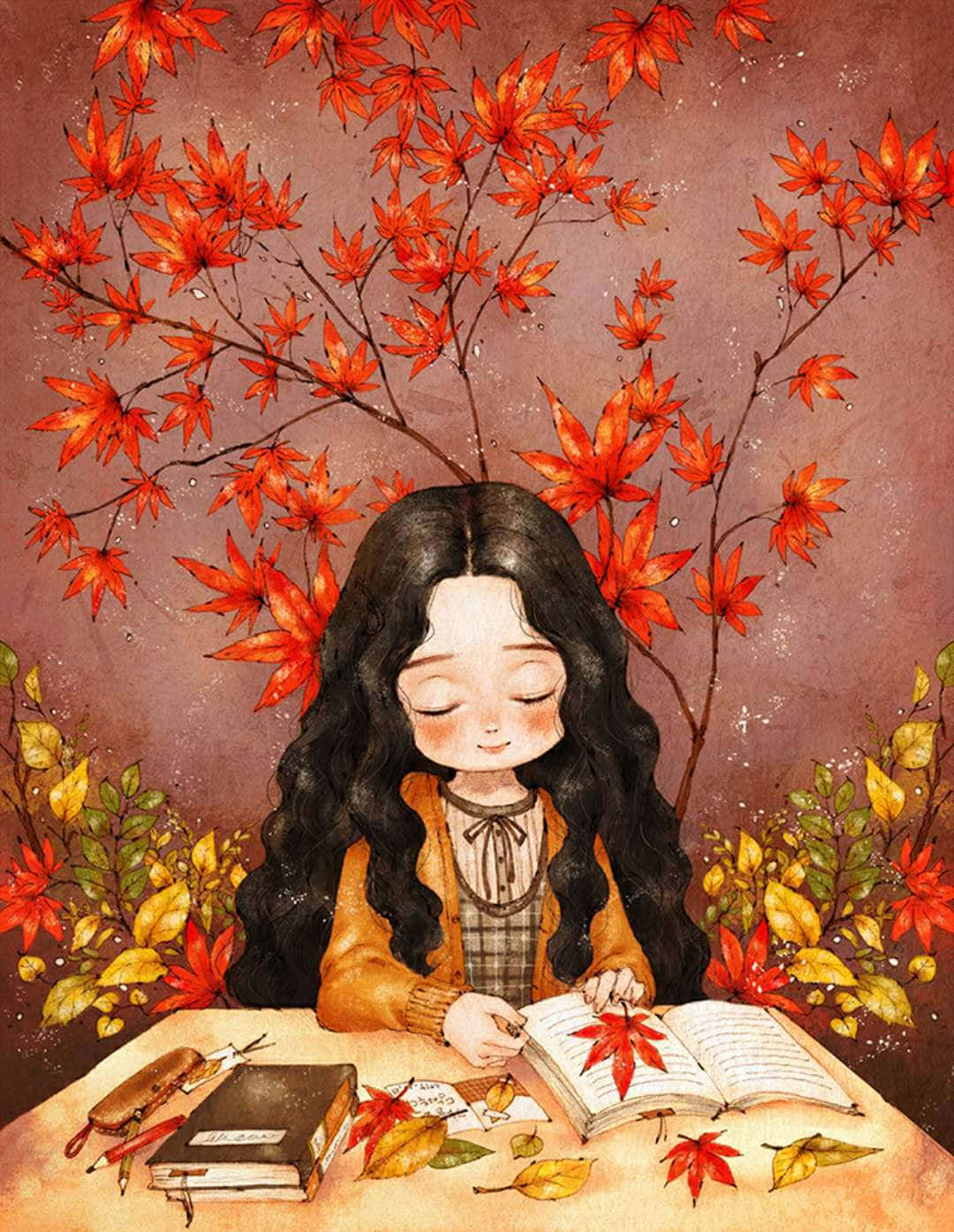 A Serene Autumn Scene With An Anime Girl Engrossed In Writing Amidst Falling Maple Leaves. Background