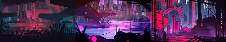 A Series Of Images Of A City With Neon Lights Background