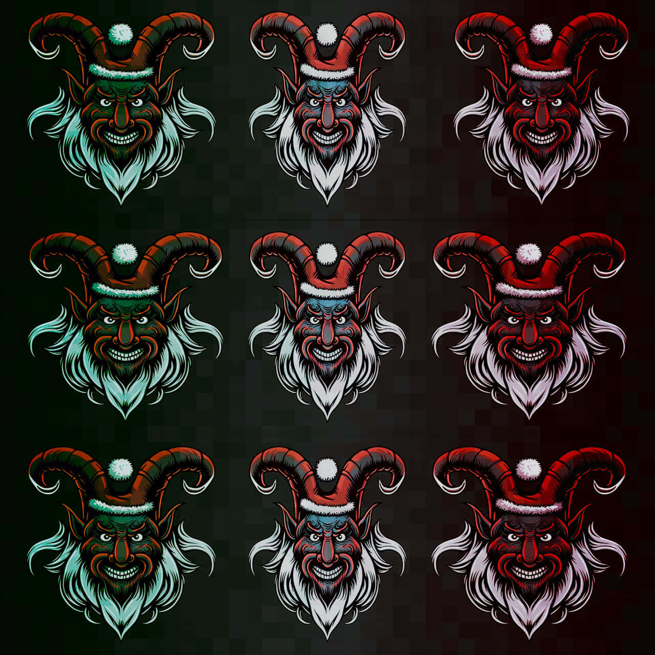 A Set Of Devil Heads With Horns On A Black Background Background