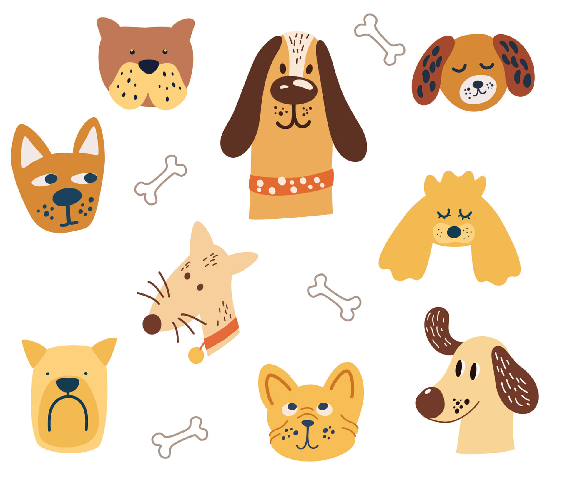 A Set Of Dog Faces With Bones Background