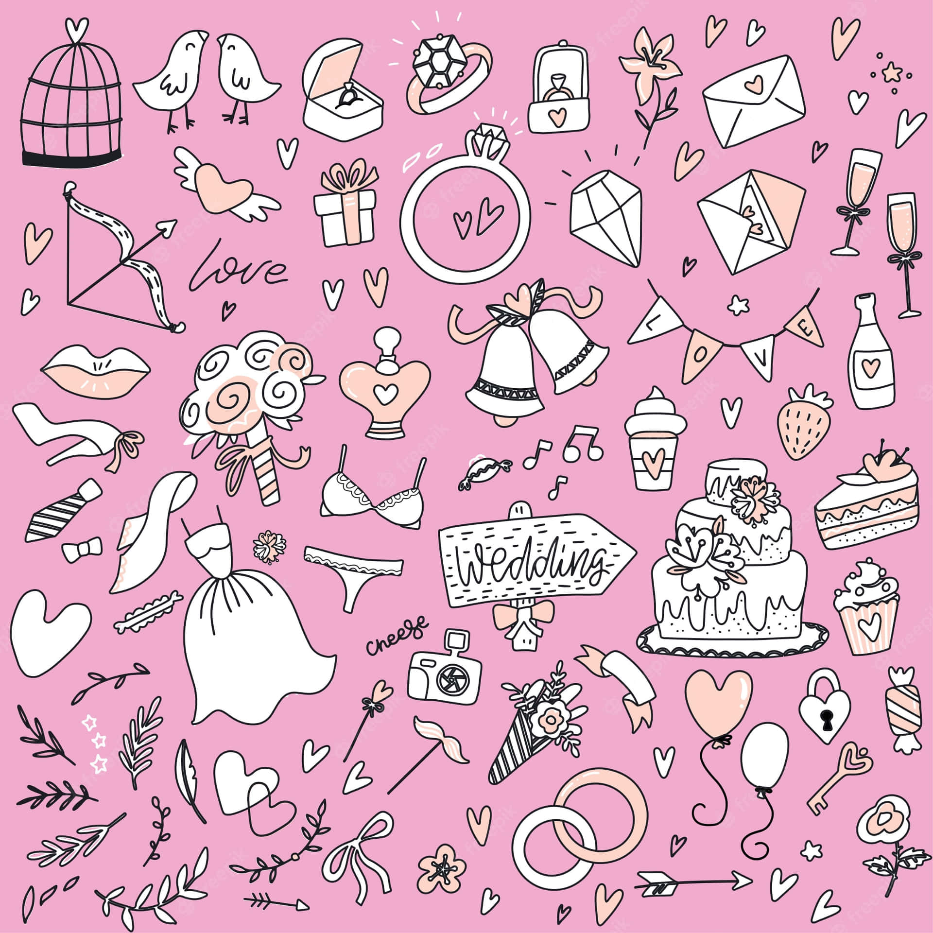 A Set Of Wedding Doodles On A Pink Background Background