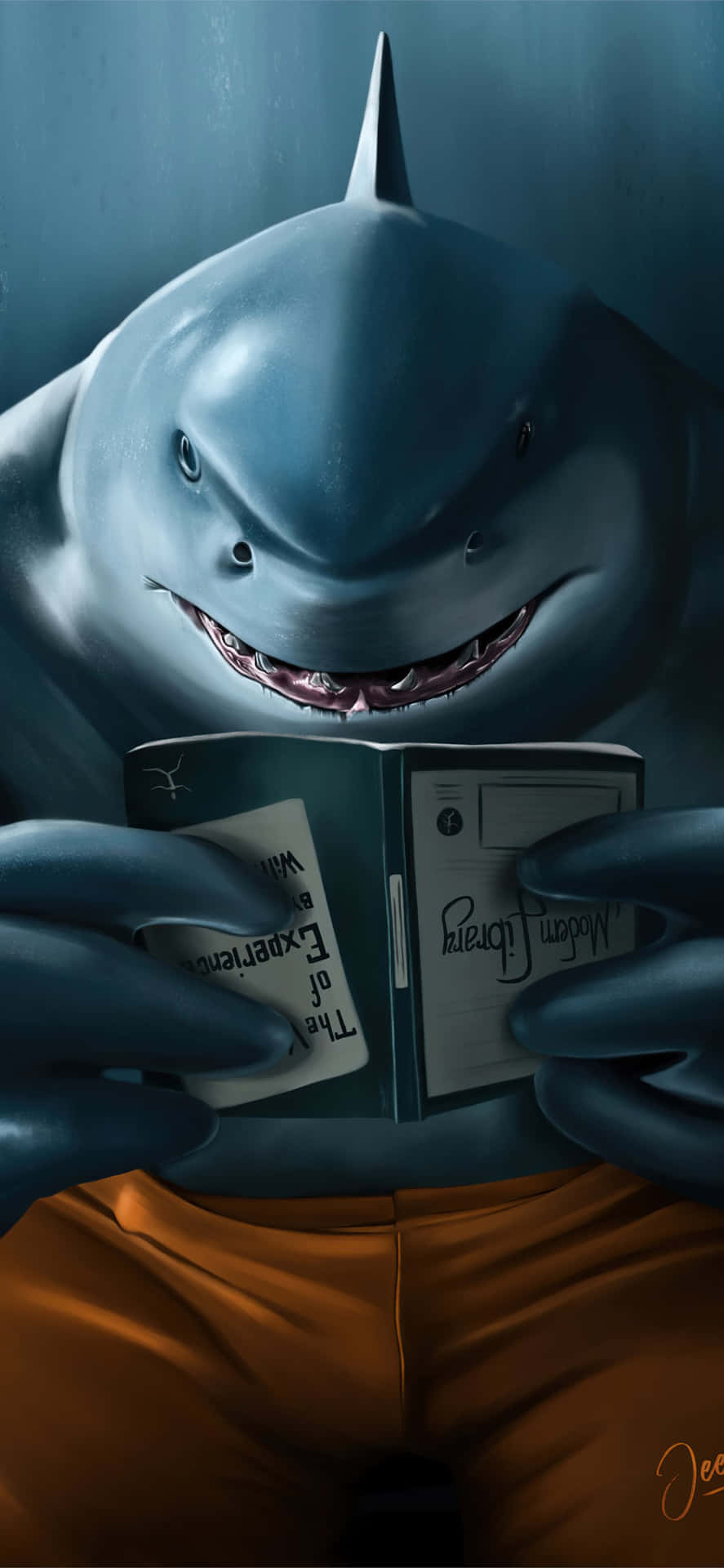 A Shark Is Holding A Book And Reading It Background