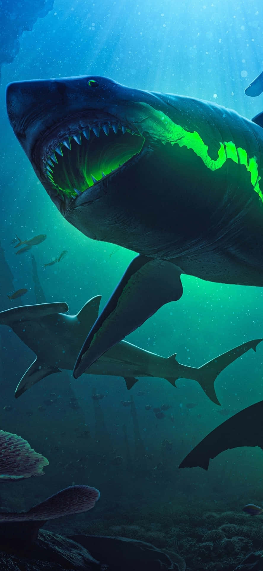 A Shark Swimming In The Ocean With Green Lights Background