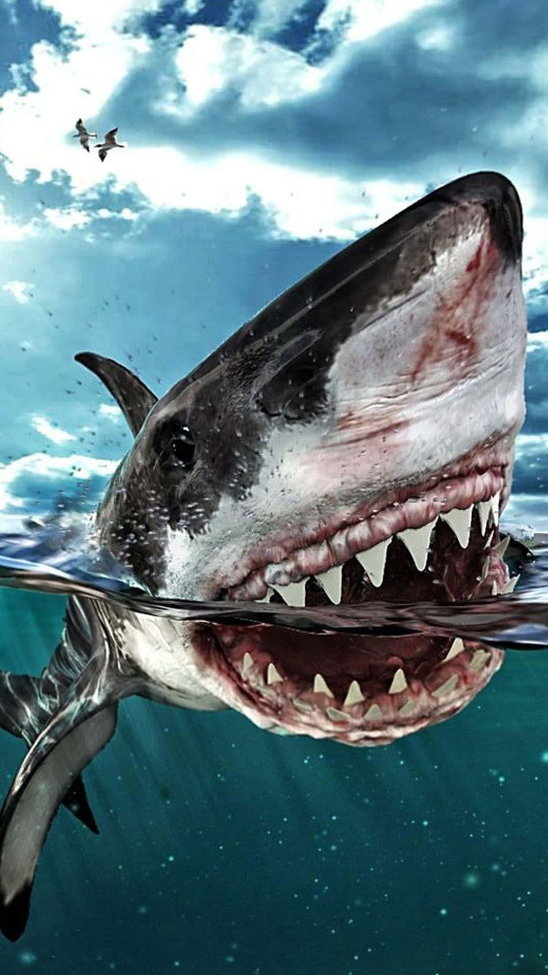 A Shark With Its Mouth Open In The Water Background