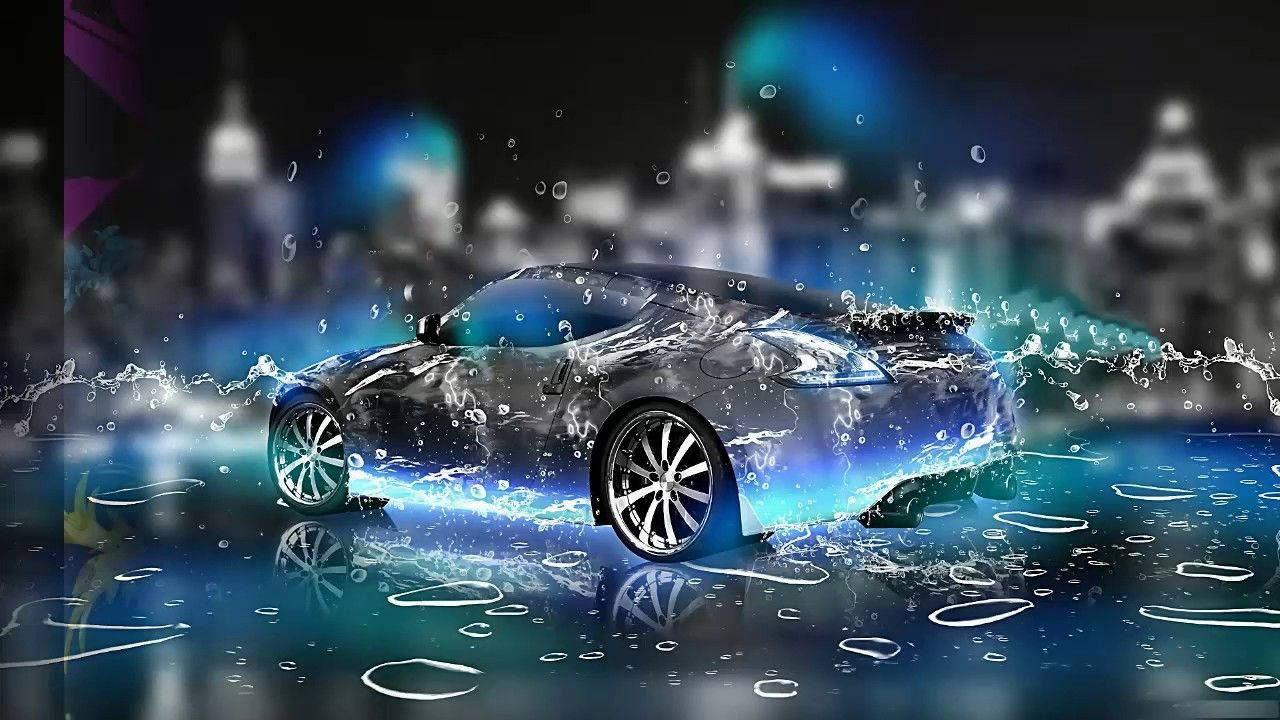 A Shiny And Fast 3d Car Driving Through A Futuristic Blue Liquid Background