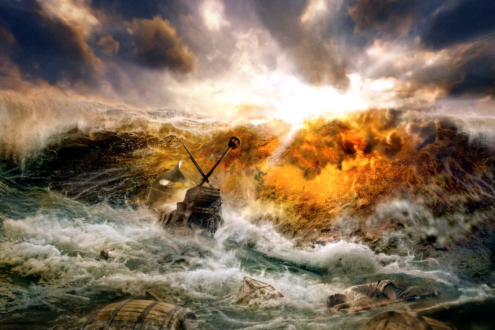 A Ship Braving A Violent Storm At Sea Background