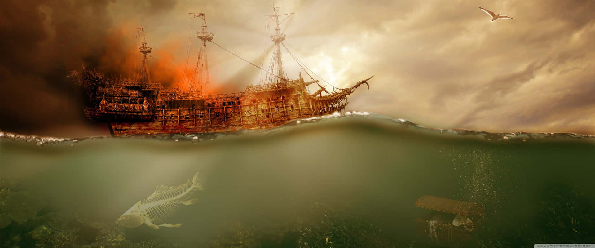 A Ship Is Floating In The Ocean With A Fish In The Water Background