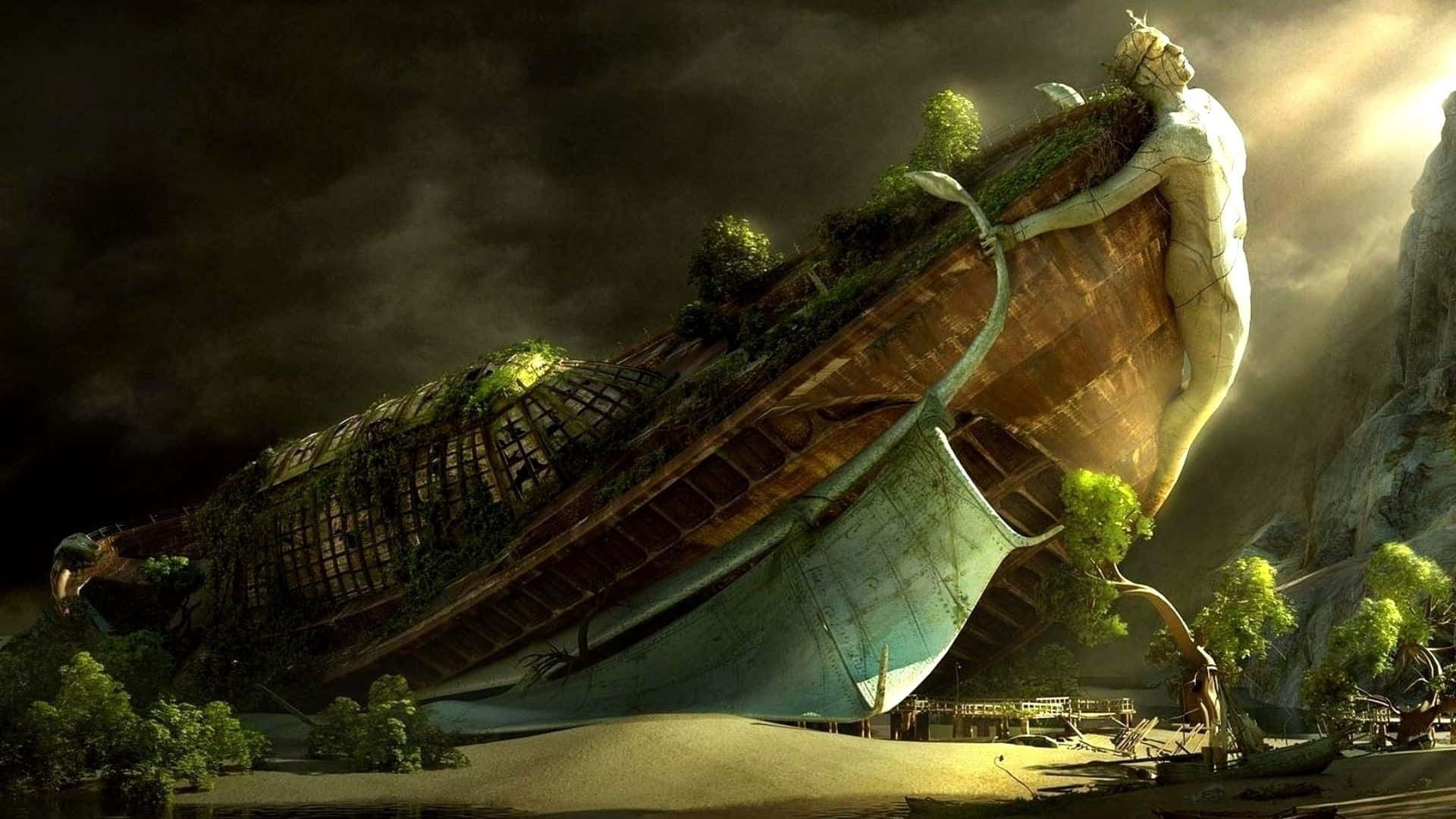 A Ship Is Floating In The Water With Trees Background