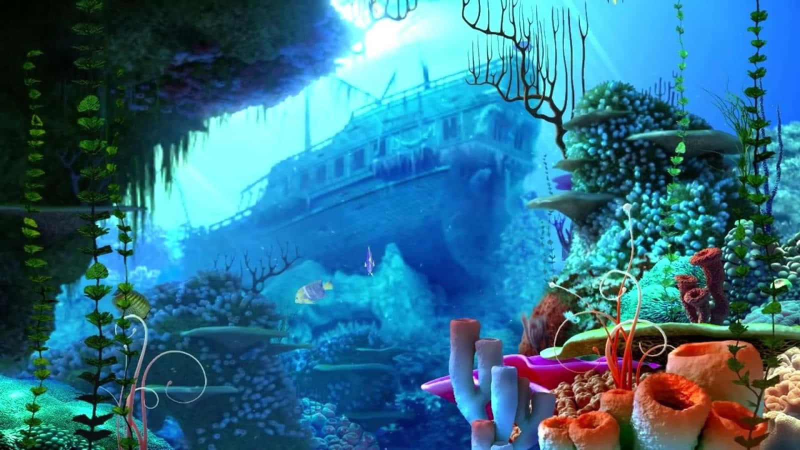 A Ship Is In The Ocean With Corals And Fish Background