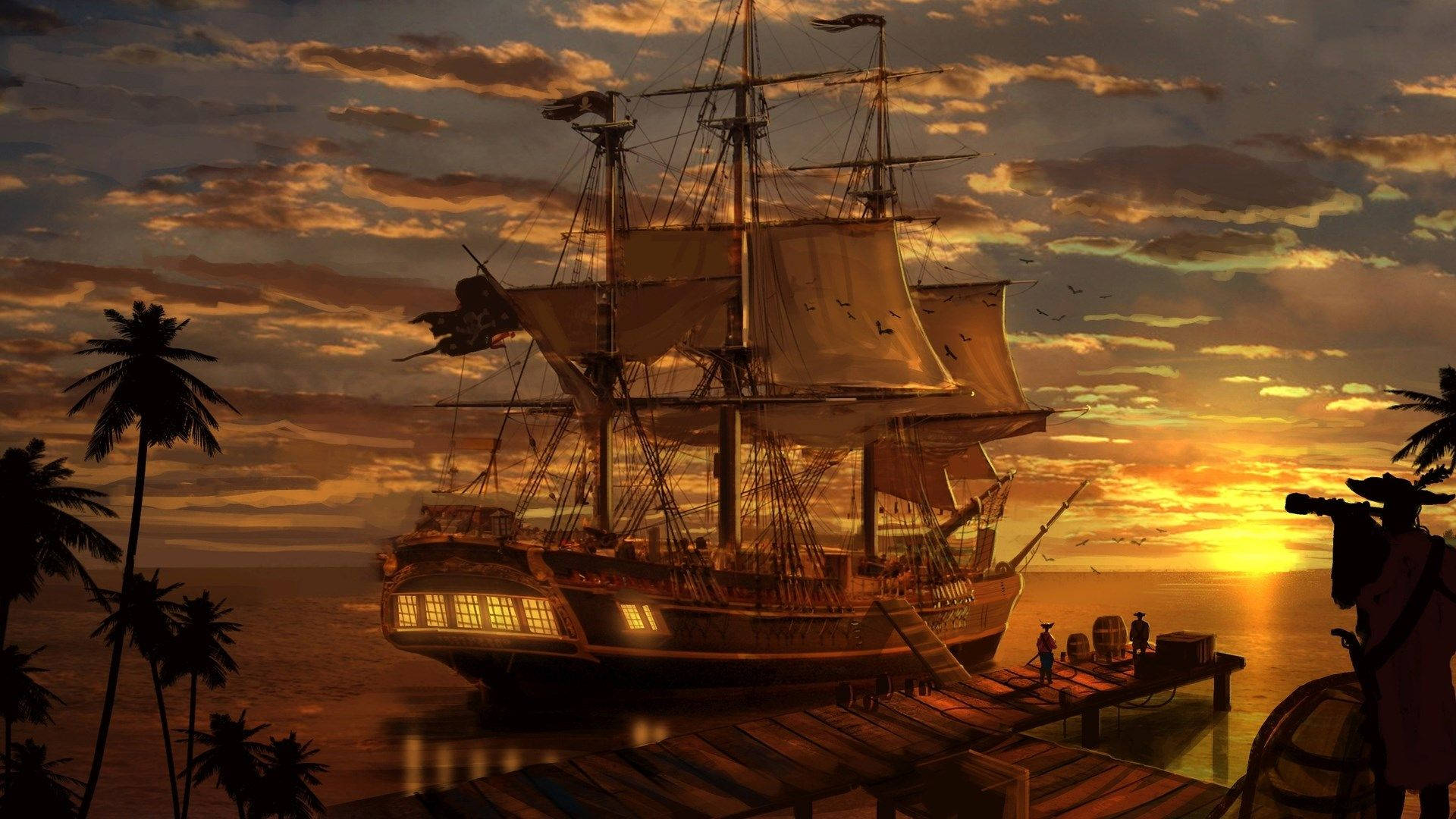 A Ship Sails Off Into The Sunset Amid A Sea Of Calm Background