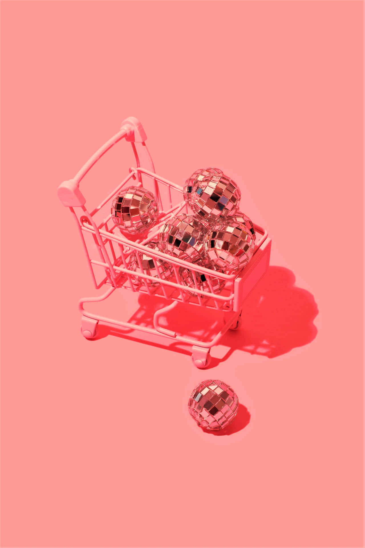 A Shopping Cart With Shiny Balls On A Pink Background Background