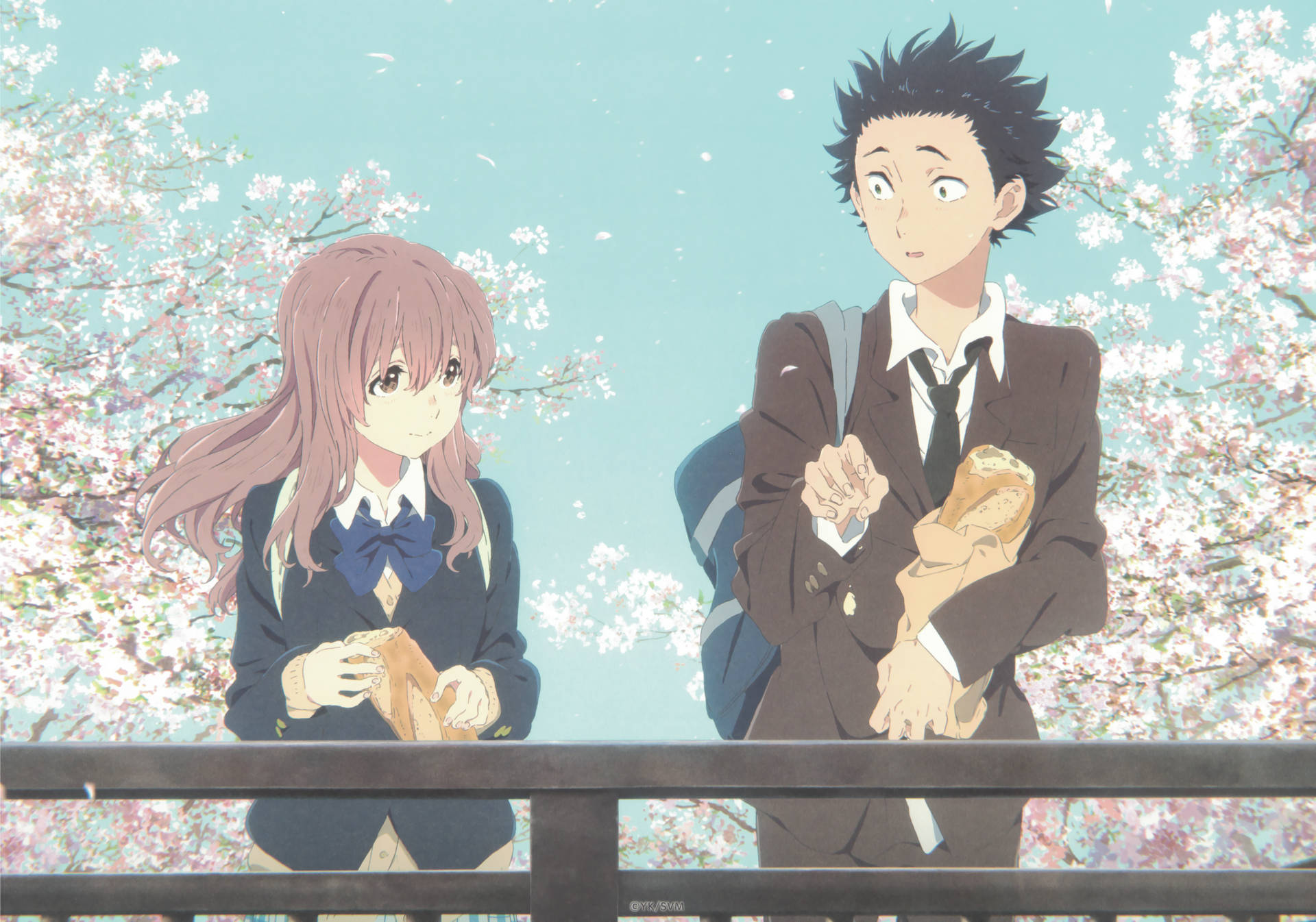 A Silent Voice Couple Baguette Sakura Background