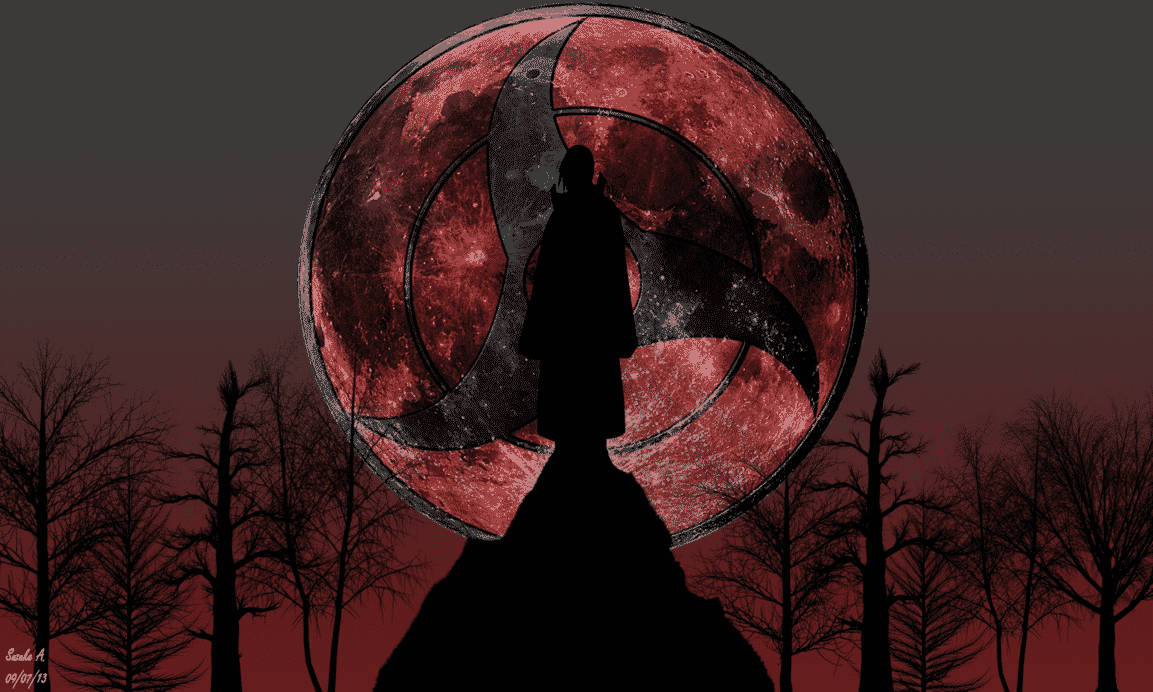 A Silhouette Of A Man Standing On Top Of A Hill With A Red Moon