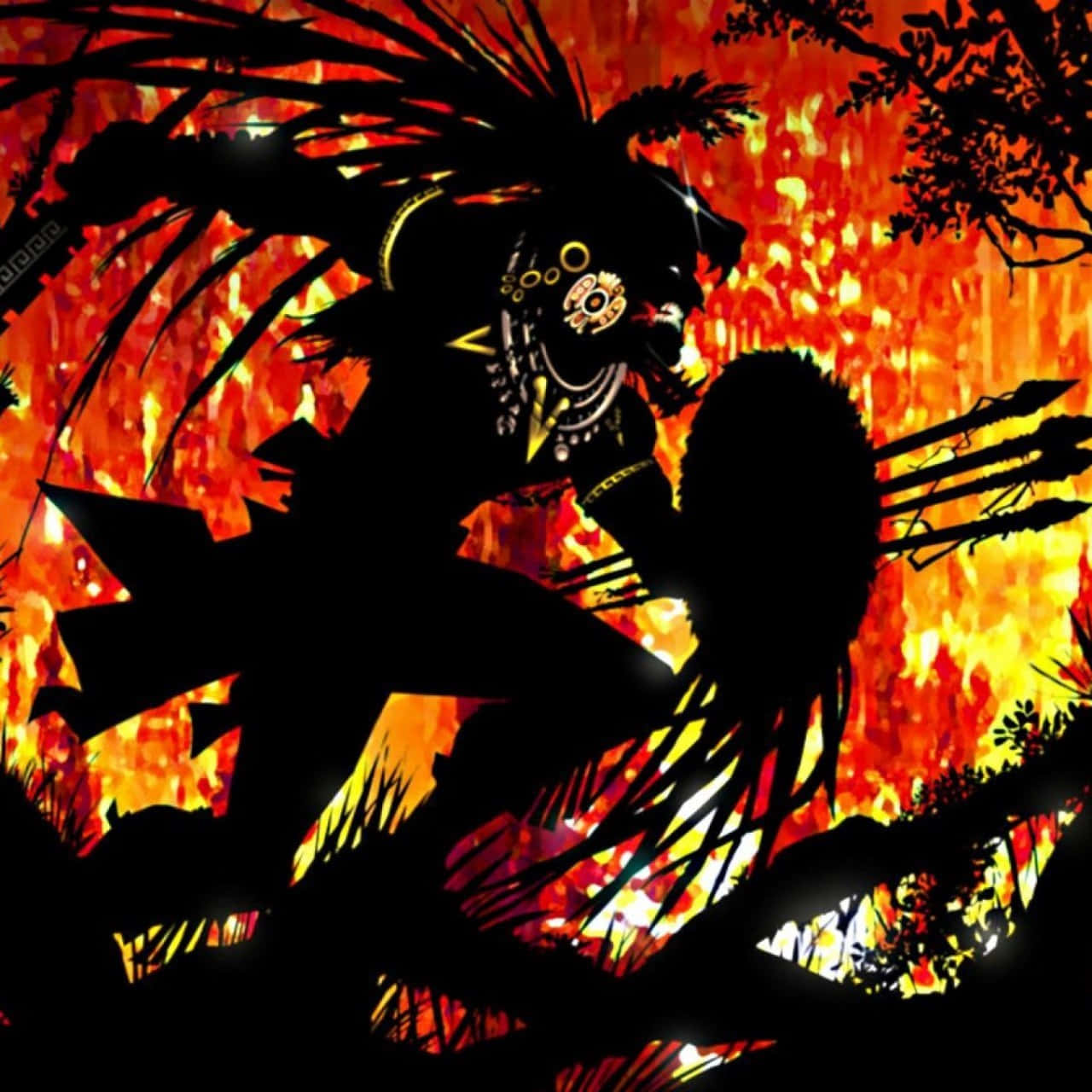 A Silhouette Of A Man With A Sword In The Forest Background