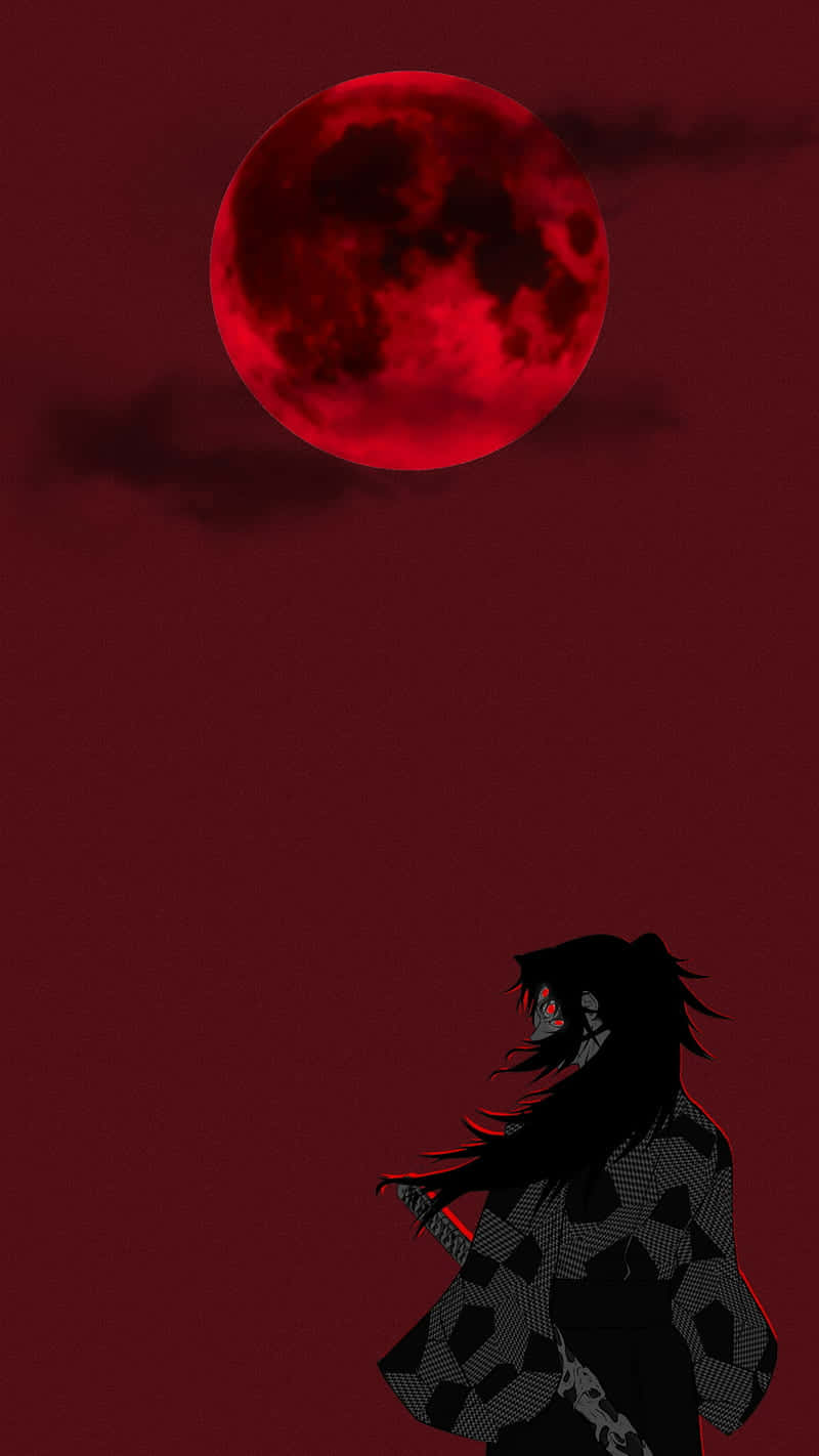 A Silhouette Of A Man With Long Hair Standing In Front Of A Red Moon Background