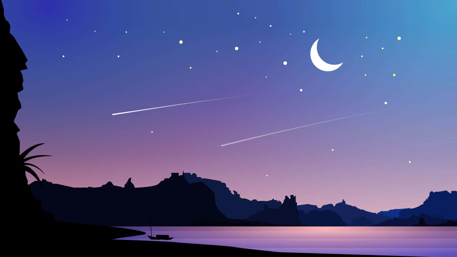 A Silhouette Of A Mountain And A Moon With Stars Background