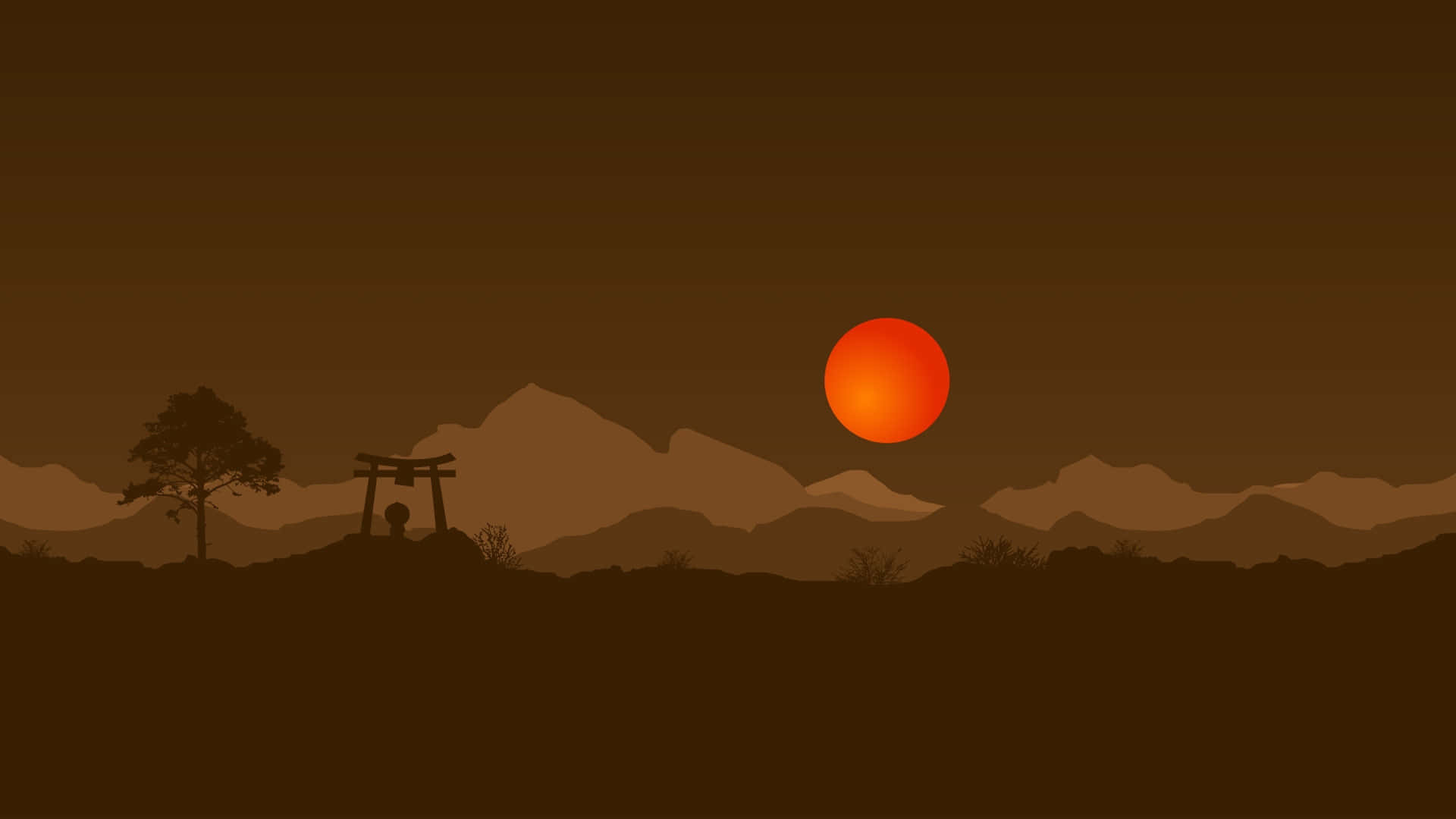 A Silhouette Of A Mountain With A Sun In The Background