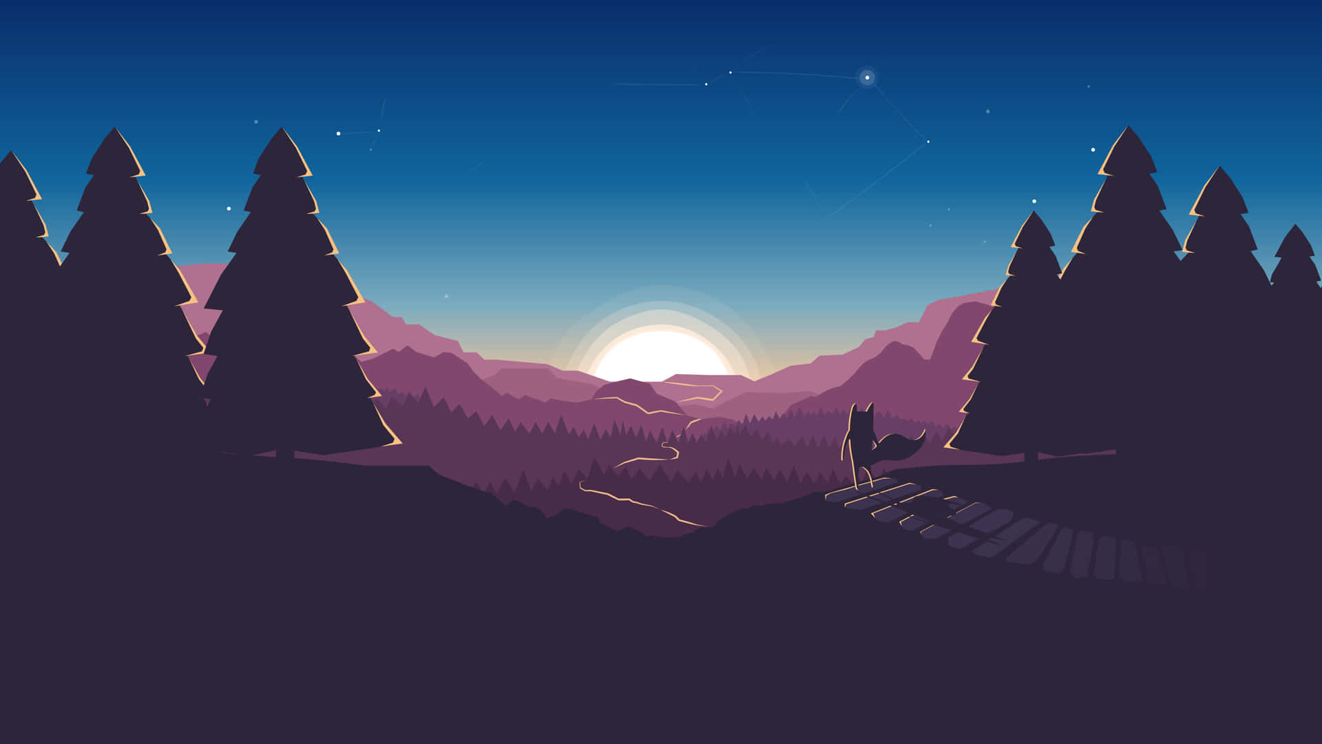 A Silhouette Of A Mountain With Trees And A Sunset Background