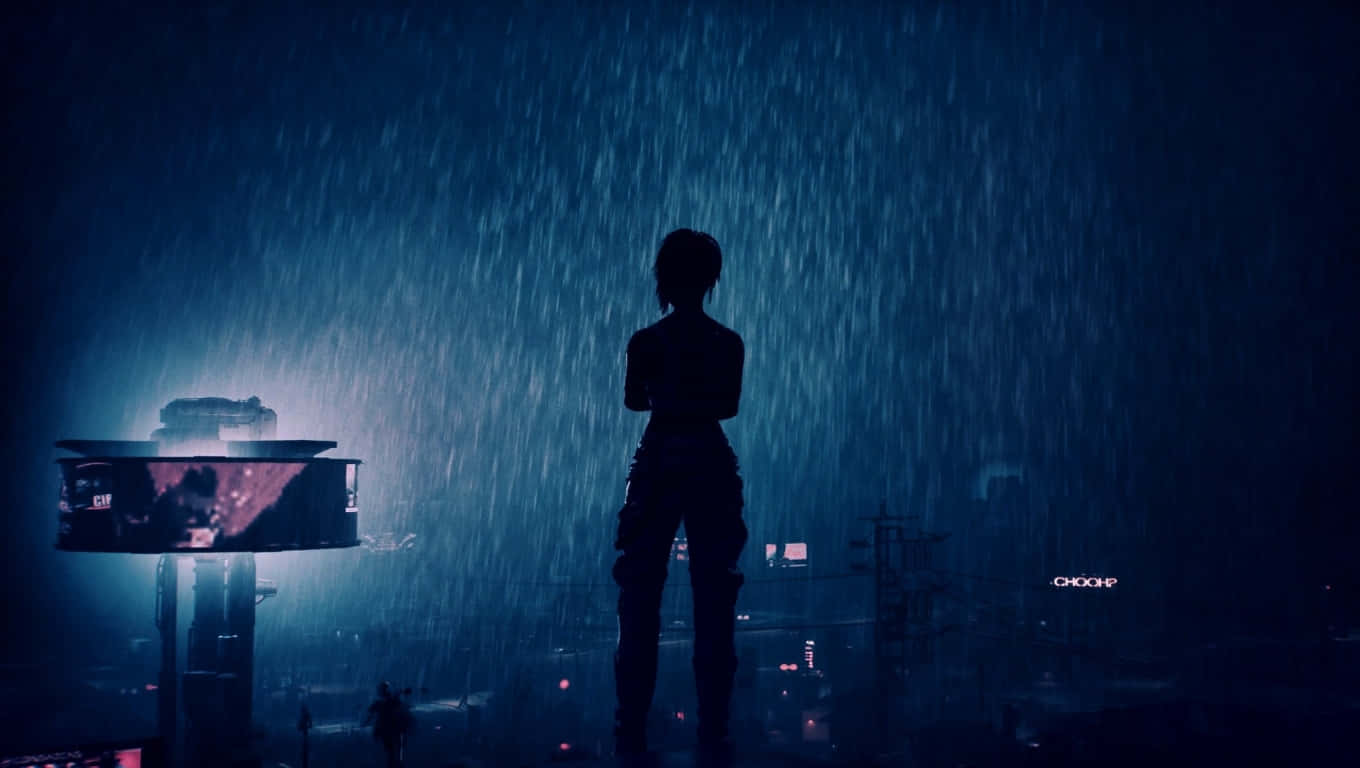 A Silhouette Of A Person Standing In The Rain Background