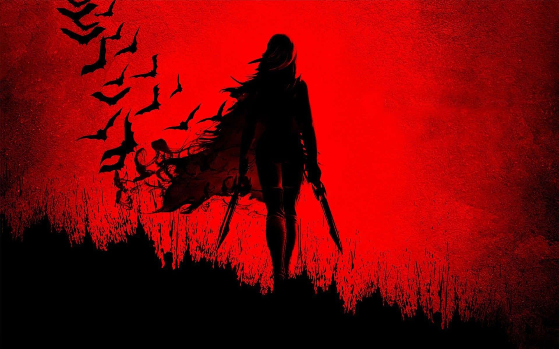 A Silhouette Of A Woman With A Sword And Bats Flying Around Her Background