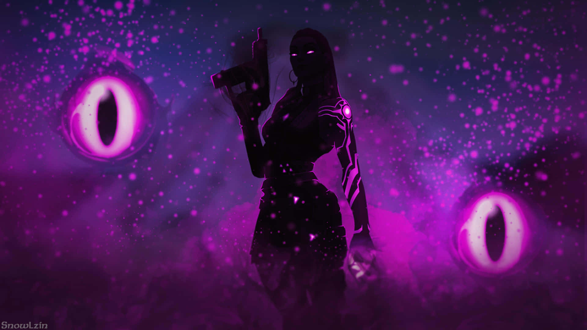 A Silhouette Of A Woman With Purple Eyes Background