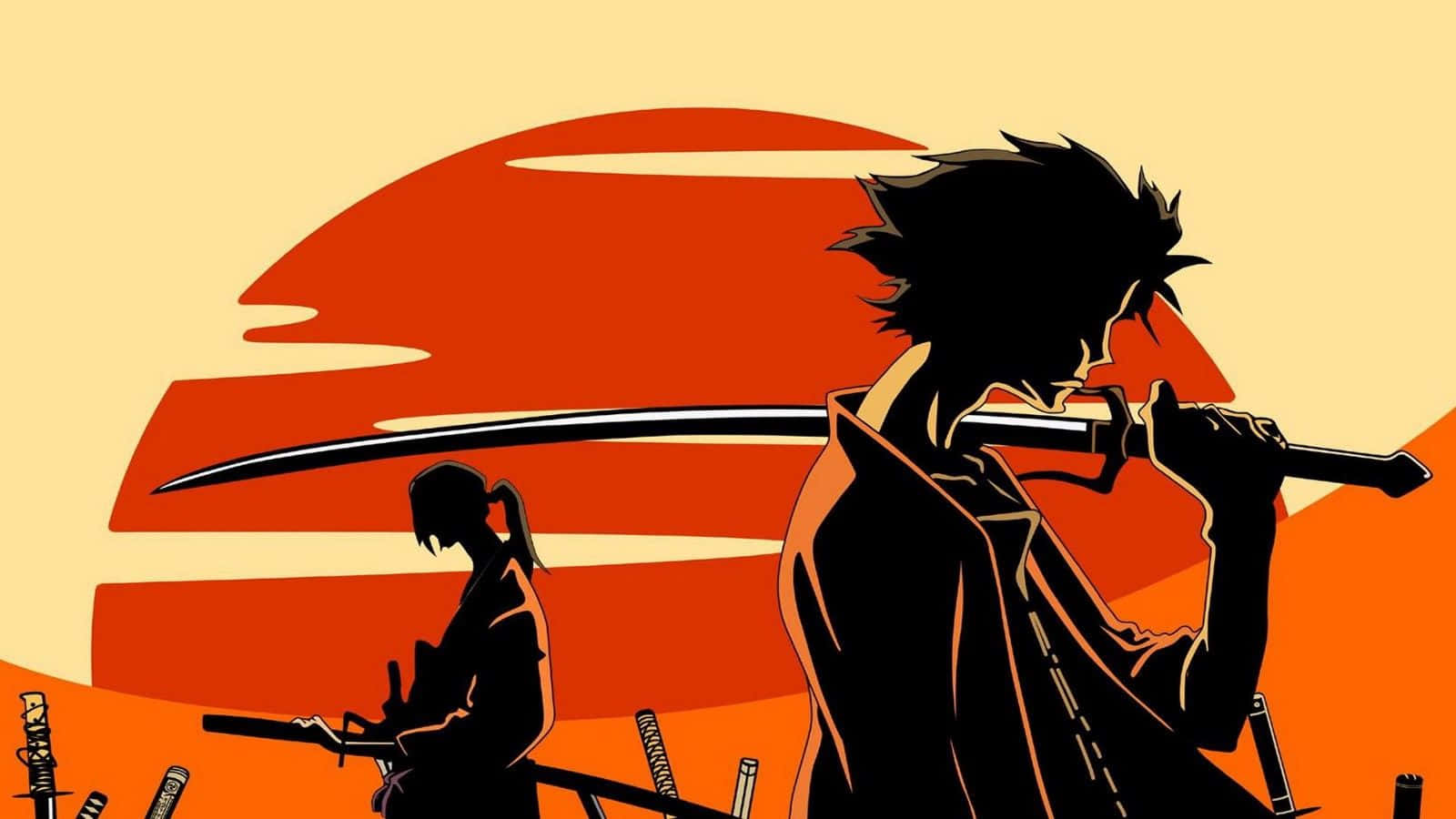 A Silhouette Of Two People Holding Swords In The Sun Background