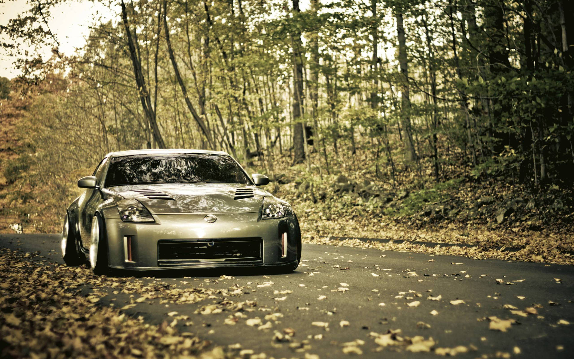 A Silver Car Is Parked On A Road In The Woods