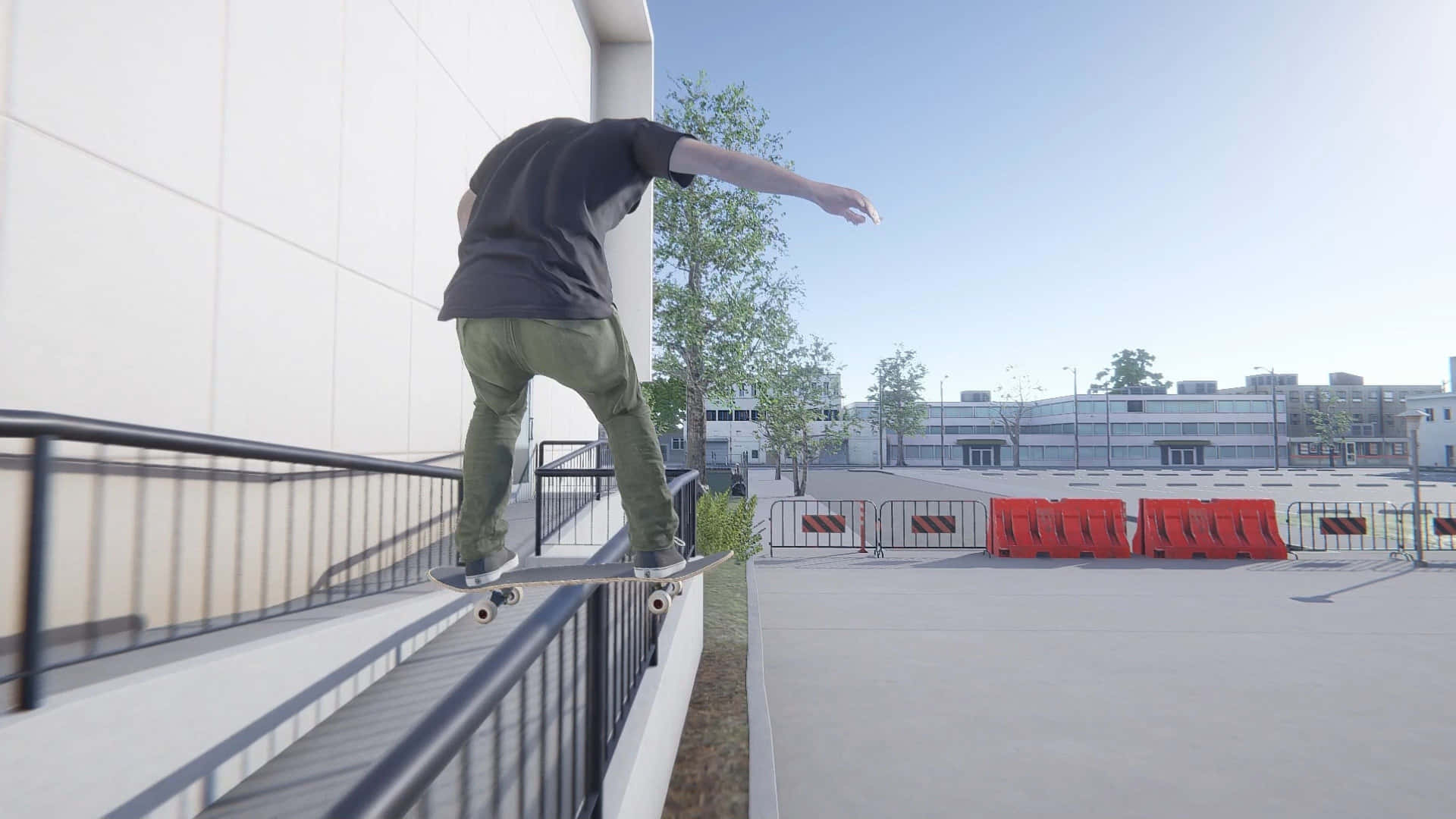 A Skateboarder Is Riding A Railing Background