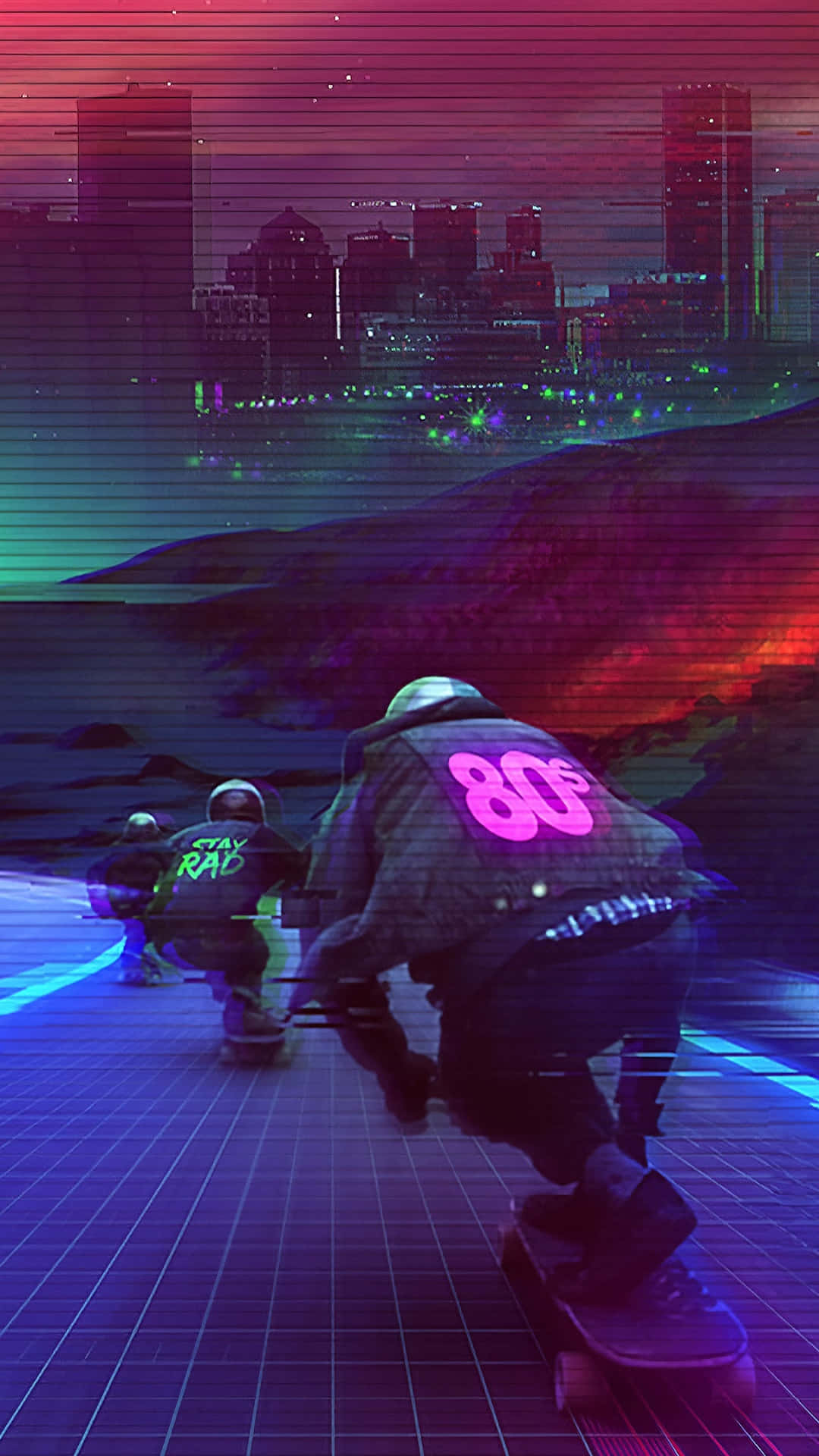 A Skateboarder Is Riding Down A Street With Neon Lights Background