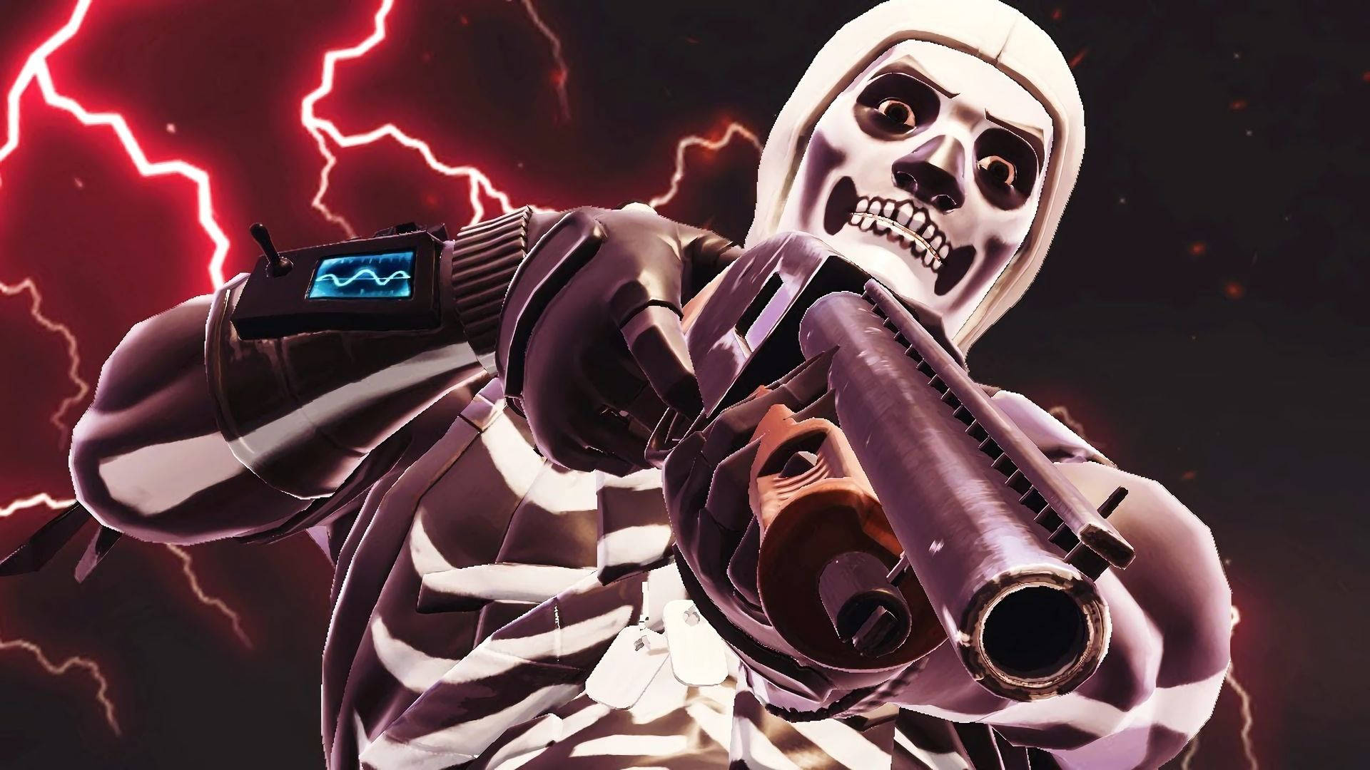 A Skeleton Holding A Gun In Front Of Lightning Background