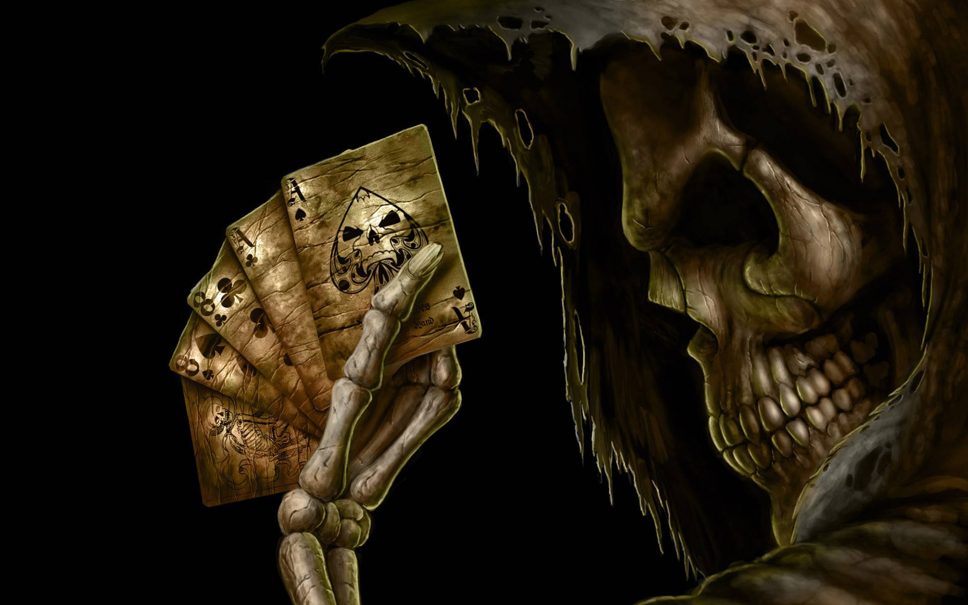 A Skeleton Holding Playing Cards Background