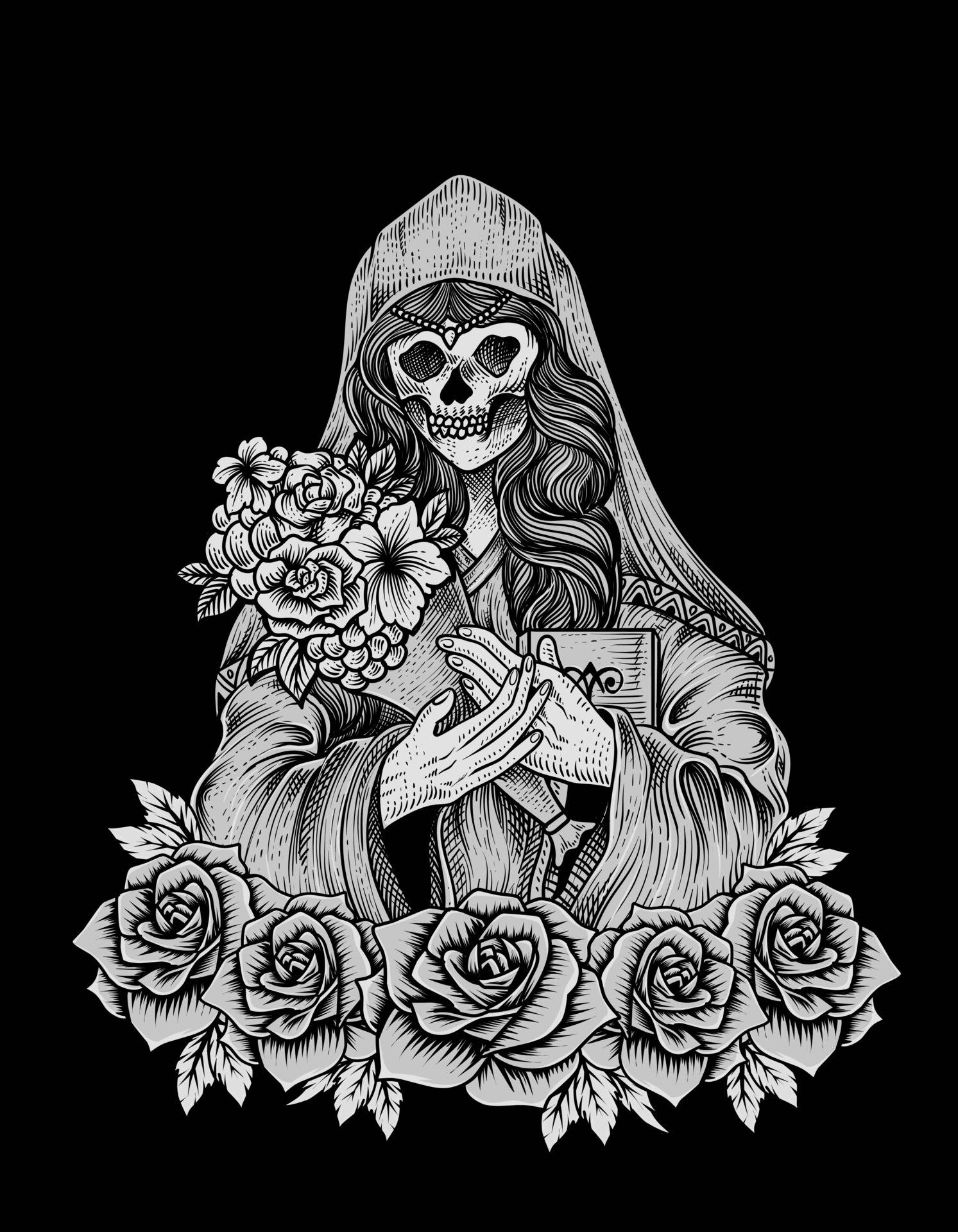 A Skeleton Holding Roses And A Skull Background