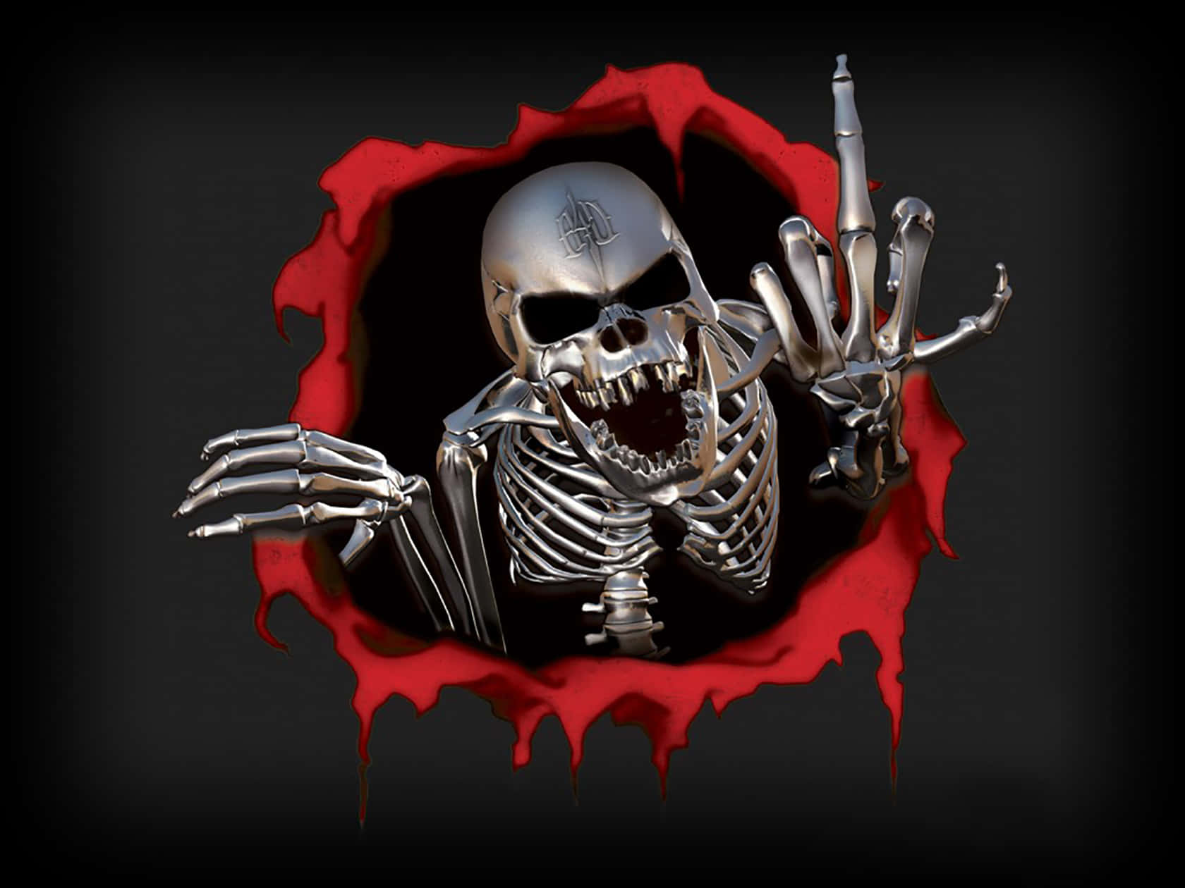 A Skeleton Is Holding A Gun Out Of A Hole Background