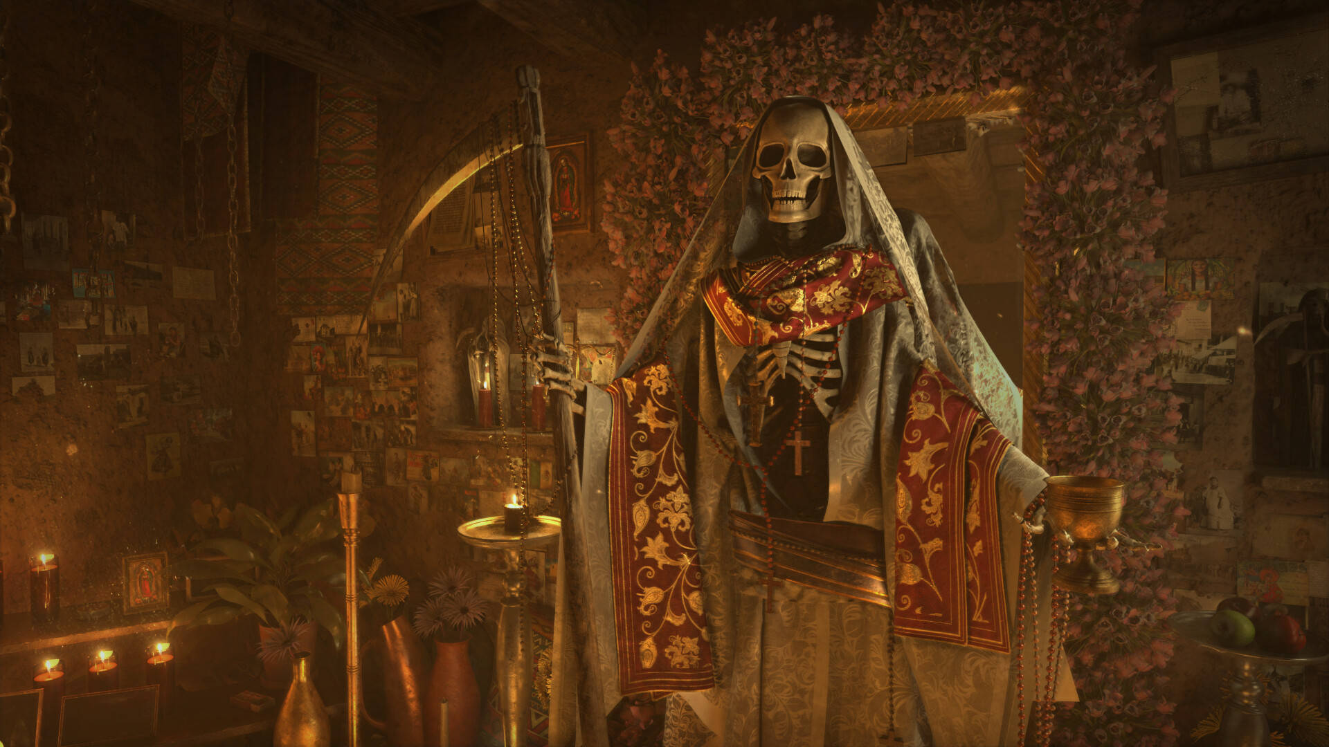 A Skeleton Is Standing In A Room With Candles Background