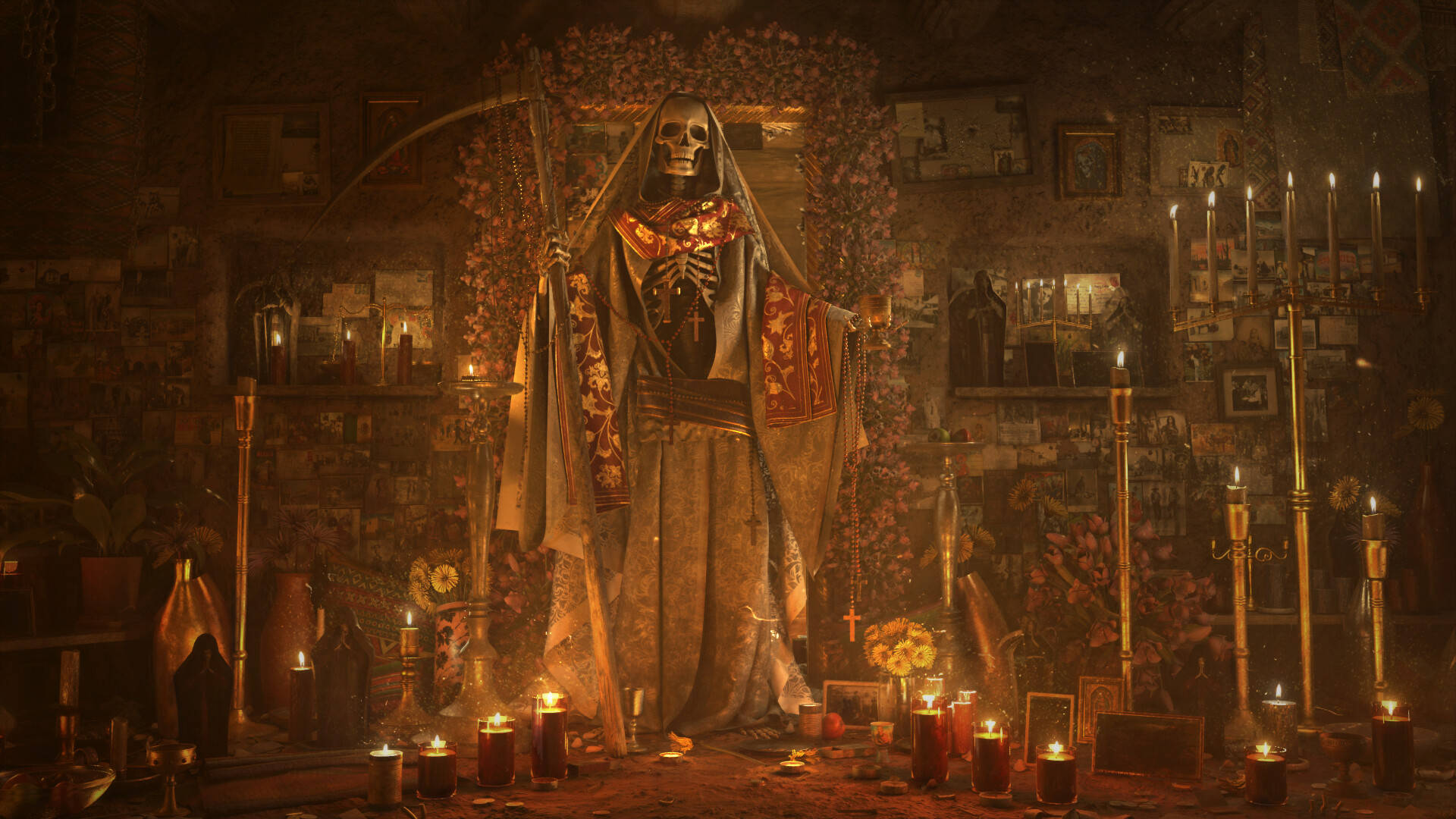 A Skeleton Is Standing In Front Of Candles Background