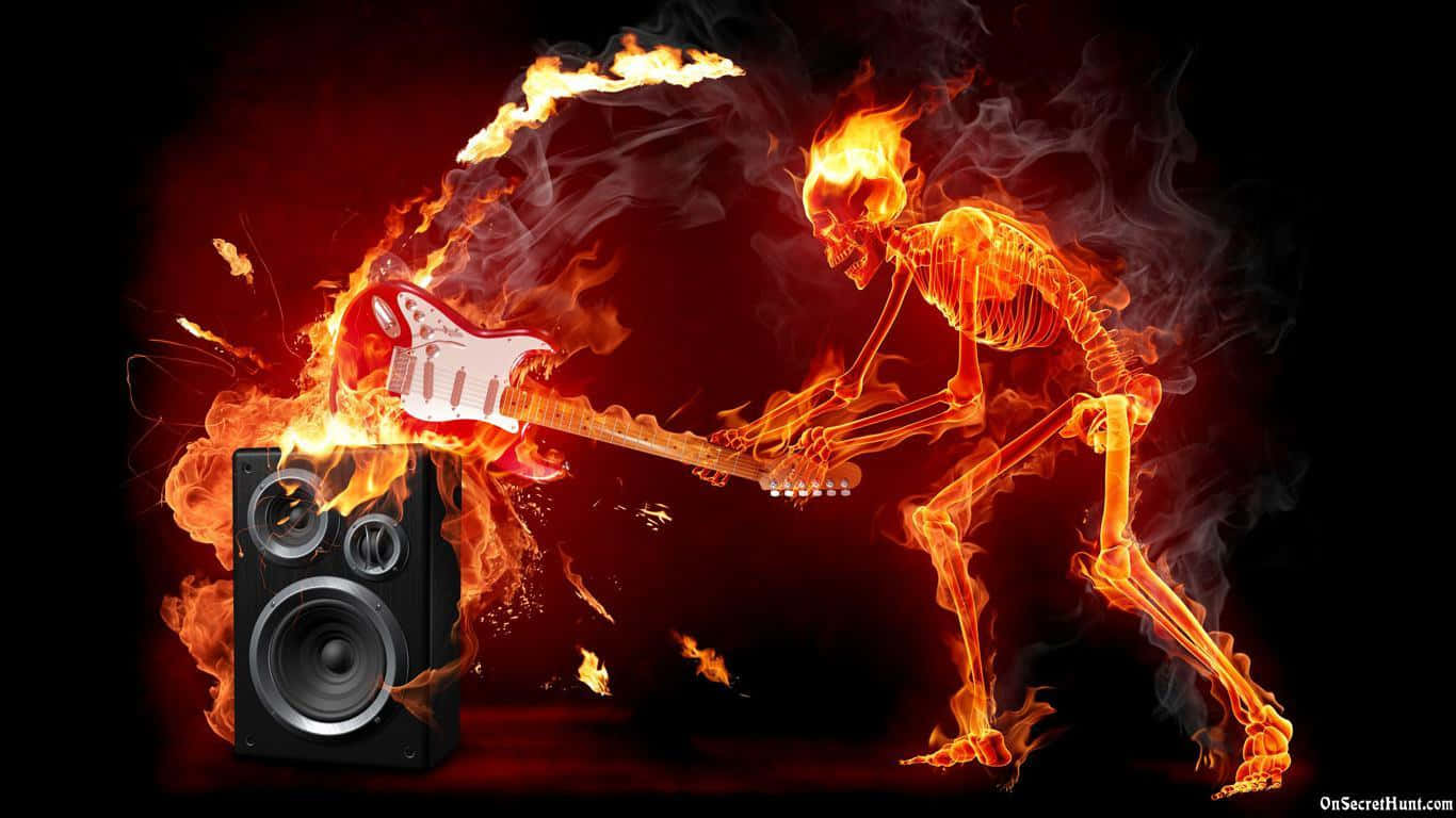 A Skeleton Playing An Electric Guitar In A Fire Background