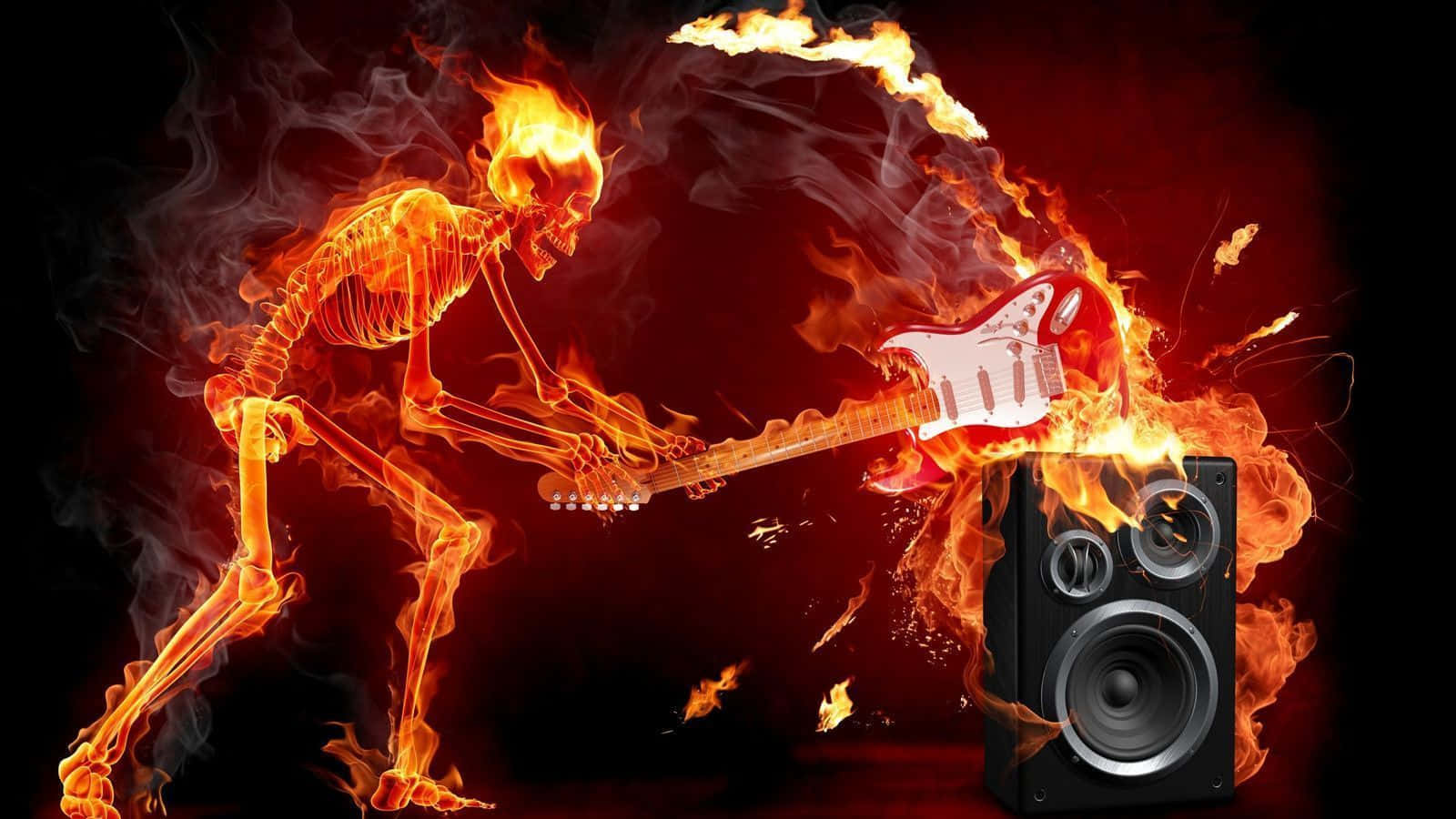 A Skeleton Playing An Electric Guitar In The Fire