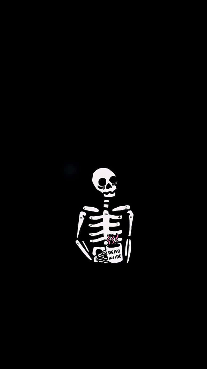 A Skeleton Sitting In The Dark With A Bottle Background