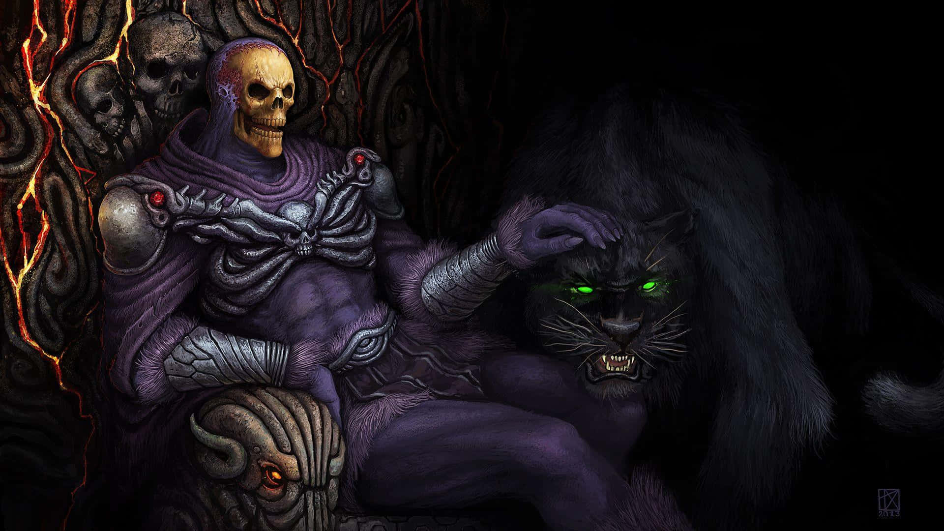 A Skeleton Sitting On A Purple Chair With A Black Cat Background