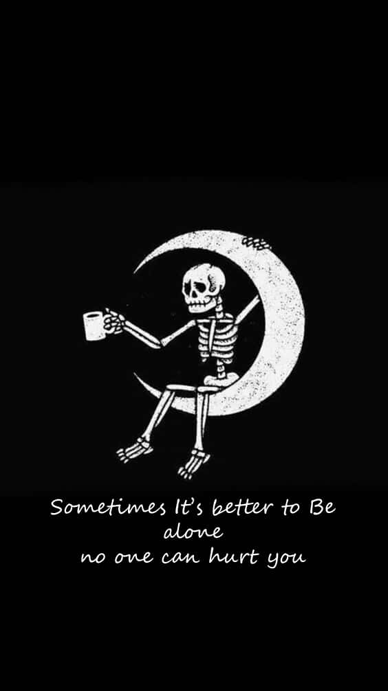 A Skeleton With A Cup Of Coffee And A Quote Background