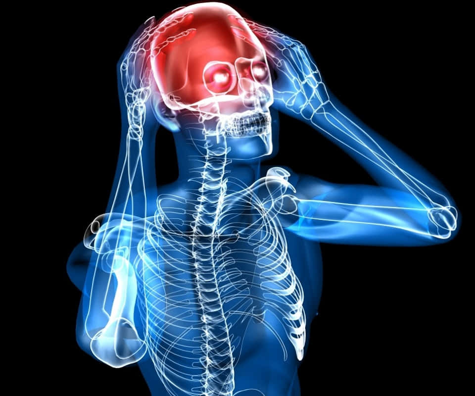 A Skeleton With A Red Head Is Holding His Hands Background