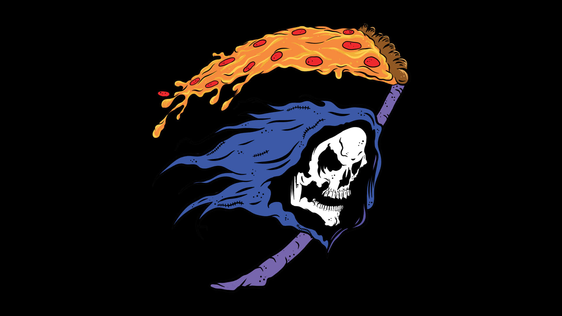 A Skeleton With A Scythe And Pizza