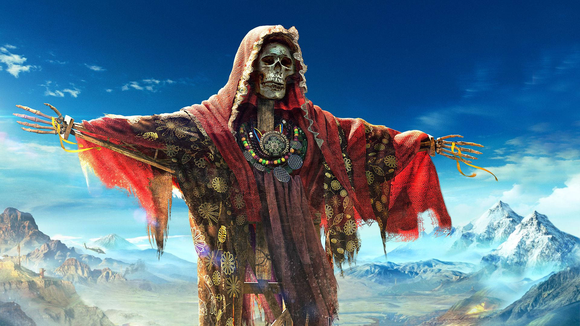 A Skeleton With A Sword In His Hands Is Standing On Top Of A Mountain Background