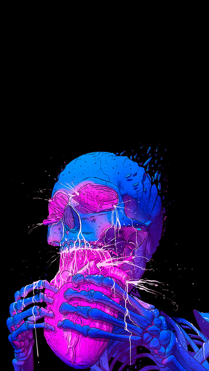A Skeleton With Blue And Pink Paint On It Background
